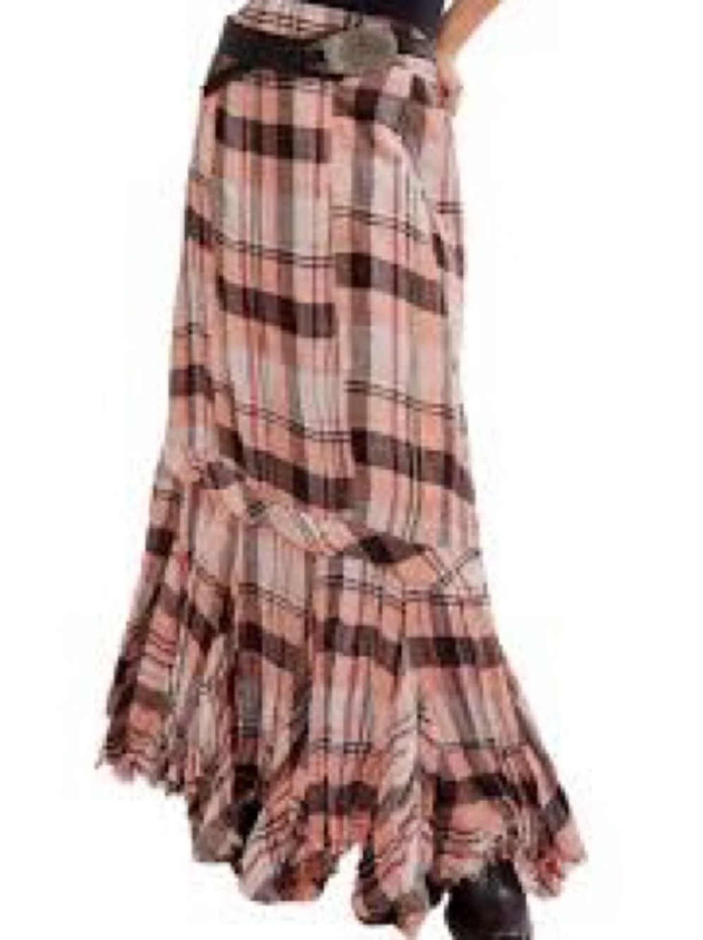 NWT Free People skirt Bordeaux Plaid Tiered Maxi peach - renaissance S (XS-M?) - Picture 5 of 17